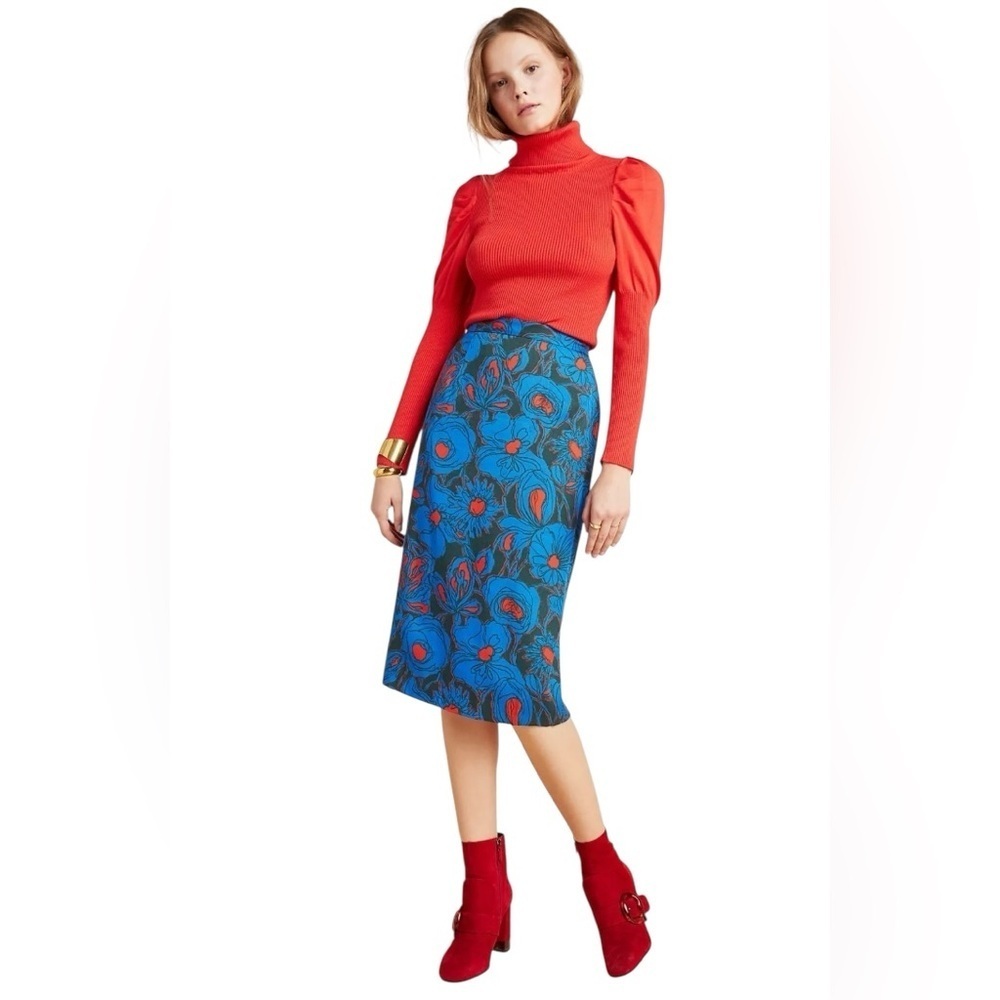 Anthropologie Blue & Red Poppy Knee-Length lined Pencil Skirt back Slit size 4
